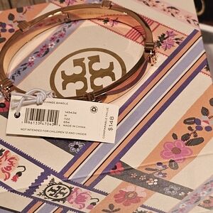 Tory Burch Classic Logo Rose Gold Hinge Bangle Bracelet